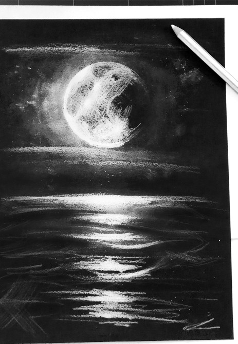 black papaer sketch with white pencil moon