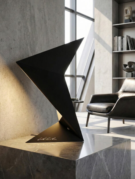 Aurora modern table lamp in bent steel with aerodynamic shape designed by Leonardo Criolani