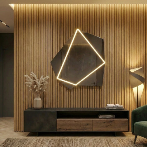 Modern living room interior featuring Leonardo Criolani Diamond mirror on wall