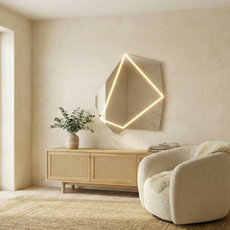 Illuminated Diamond wall mirror with ambient LED light source turned on