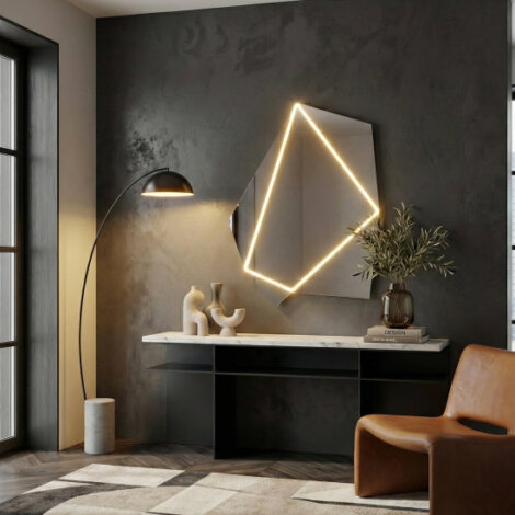 Illuminated Diamond wall mirror with ambient LED light source turned on