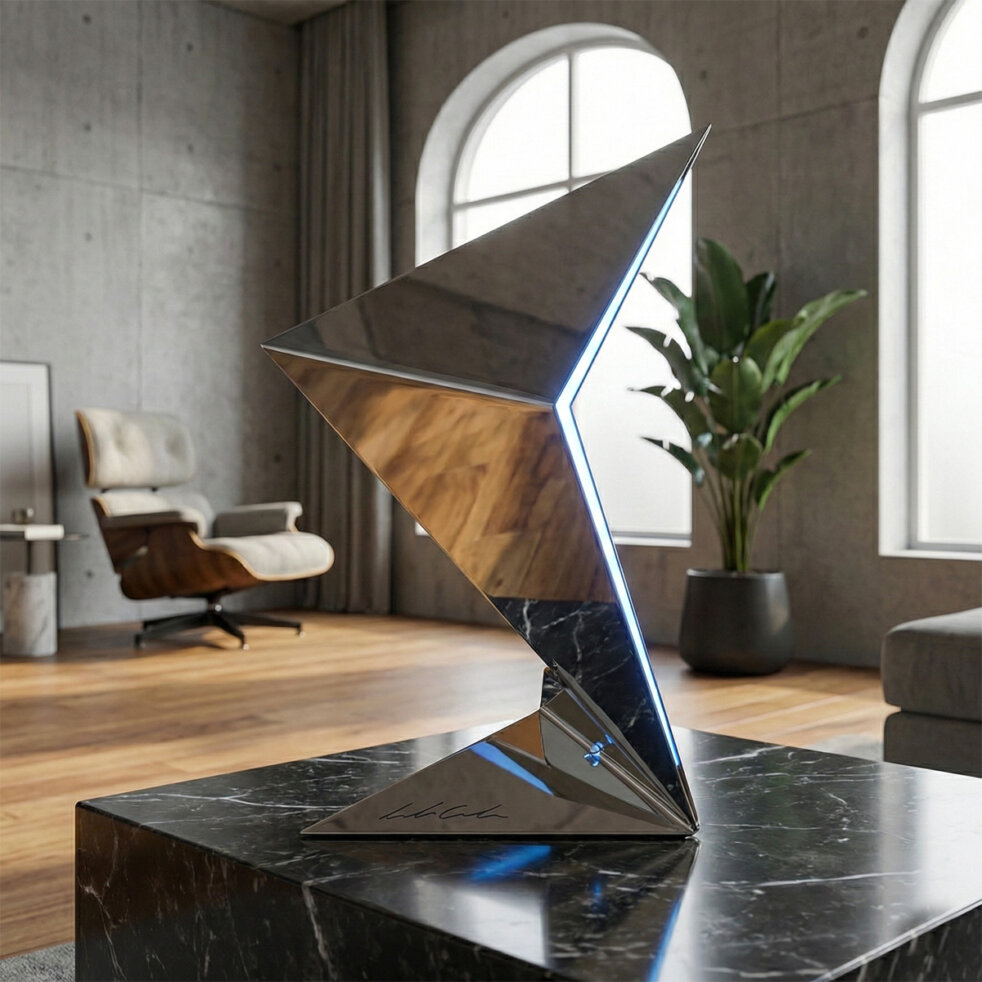 Close-up detail showing the folded steel sheet structure and reflective mirror surface of the Aurora lamp.