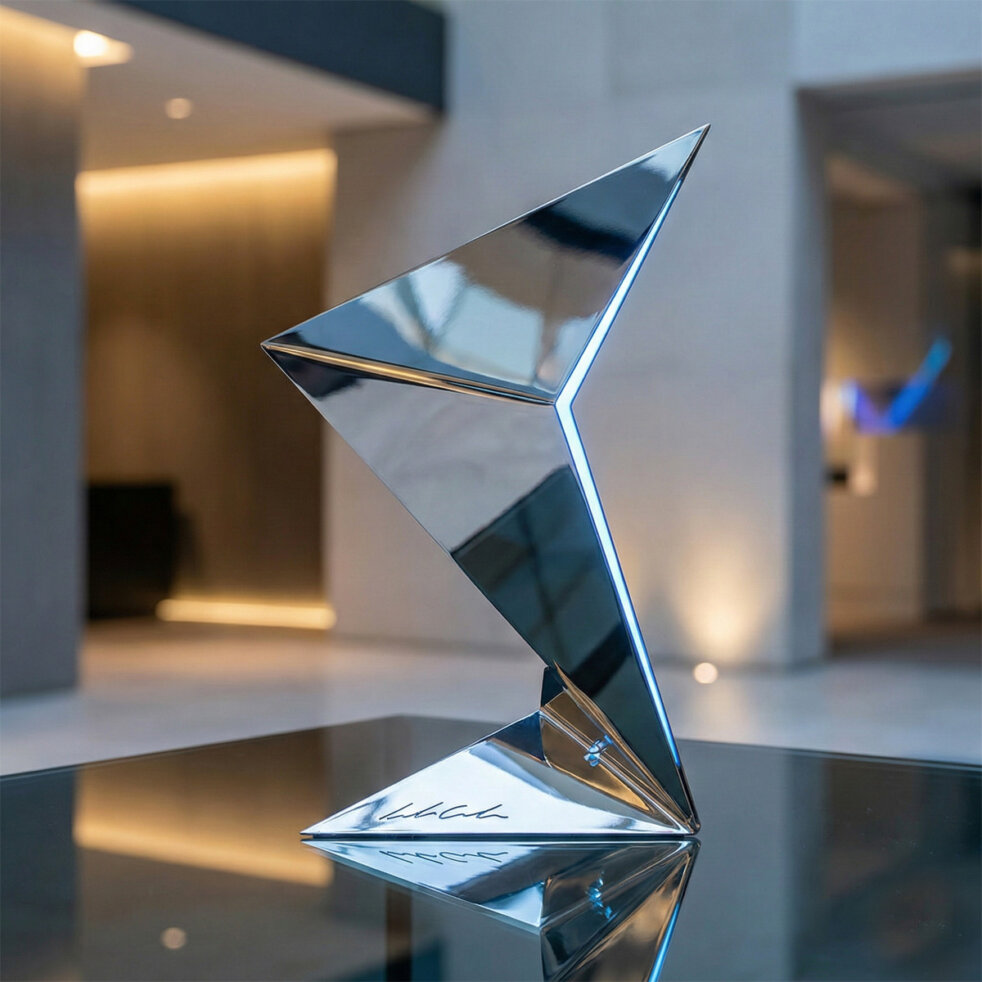 Full view of the Aurora table lamp made from bent steel with a mirror finish, designed by Leonardo Criolani.