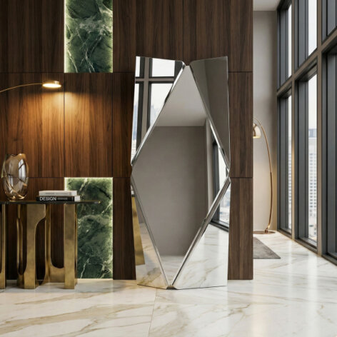 Close-up of the hand-crafted reflective geometric facets on the Diamond Mirror.