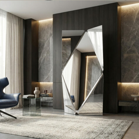 Modern luxury living room featuring the Diamond Mirror as a focal point.