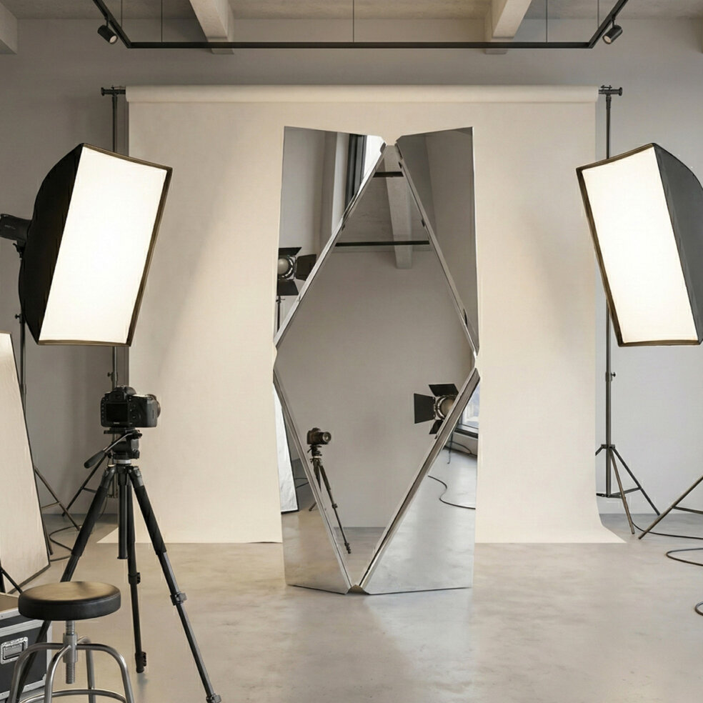 Modern luxury living room featuring the Diamond Mirror as a focal point.