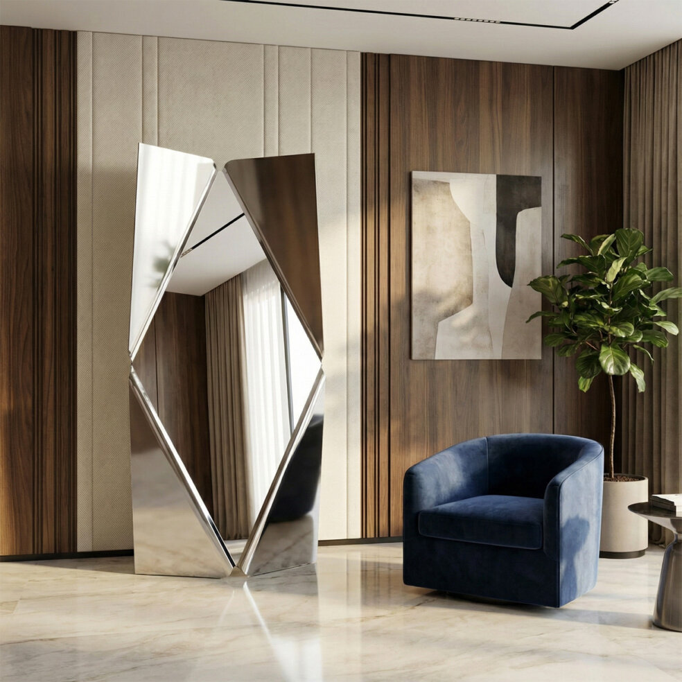 Full-length sculptural Diamond Mirror by Leonardo Criolani with geometric facets.
