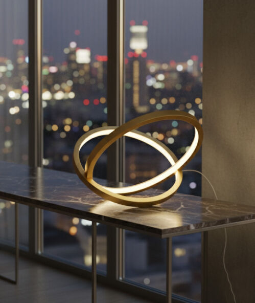 Infinity design lamp placed on a modern console table, styling a minimalist living room interior.