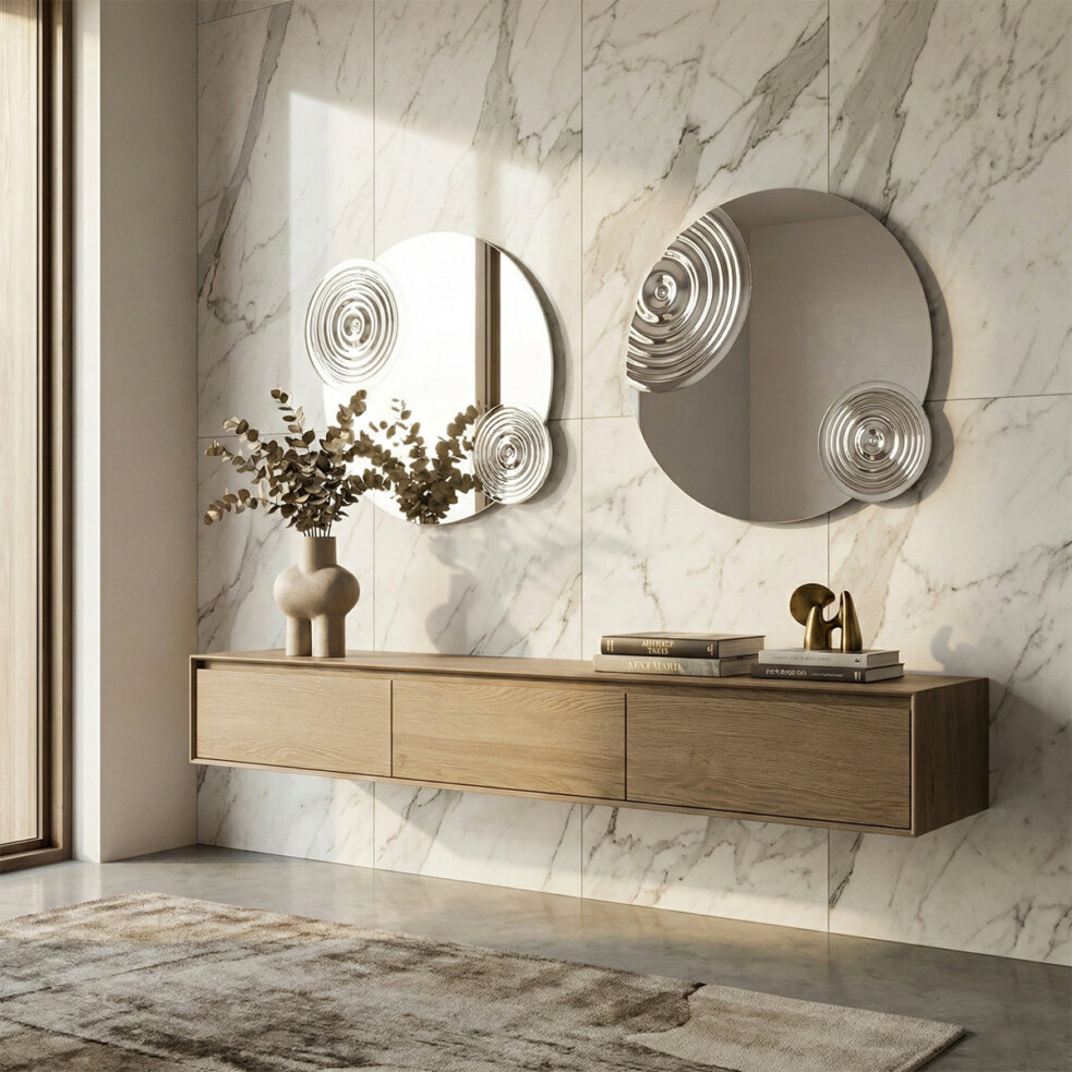 Side profile of the Leonardo Criolani Drop Mirror, showcasing its slim design and wall-mounting style.