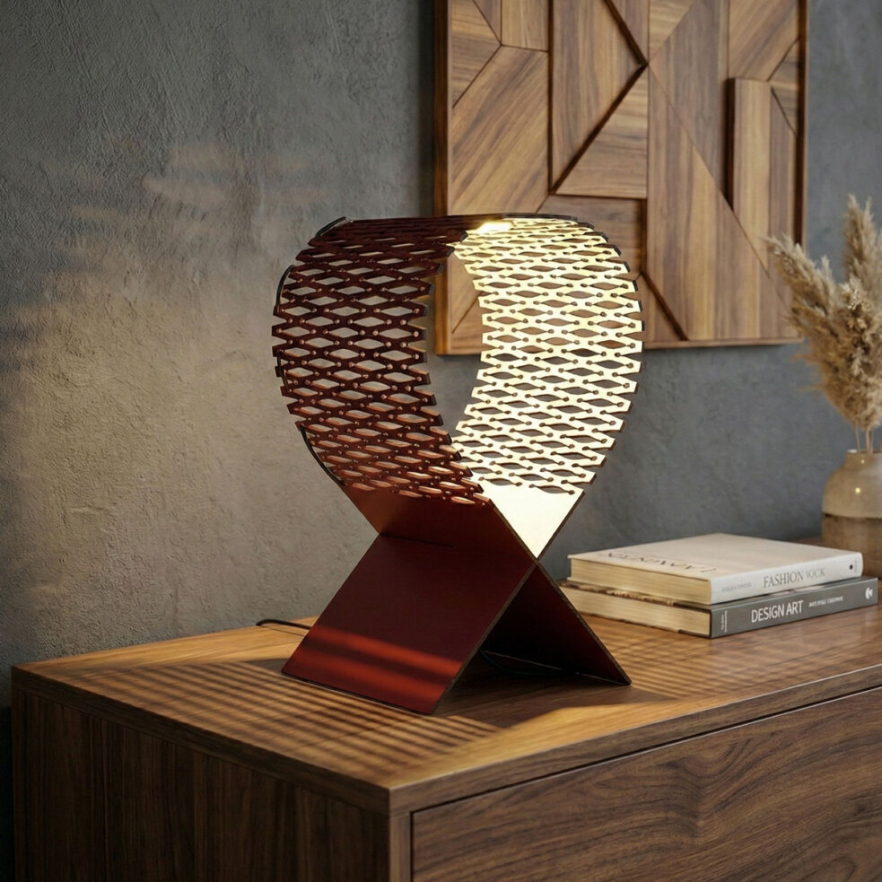 Lynx modern table lamp by Leonardo Criolani featuring a minimal curved design and white interior.