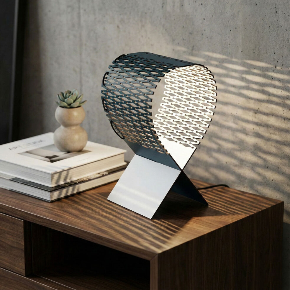 Lynx modern table lamp by Leonardo Criolani featuring a minimal curved design and white interior.