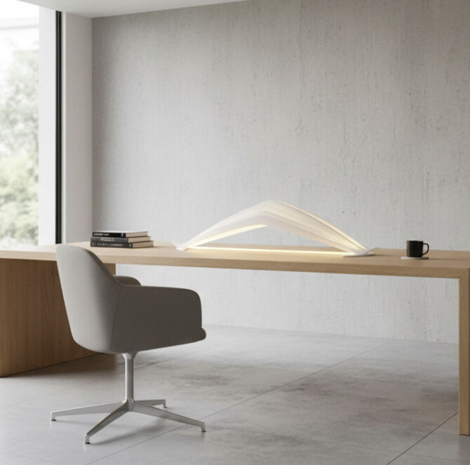 Side perspective of the Manta lamp highlighting its multi-dimensional and ever-changing profile.