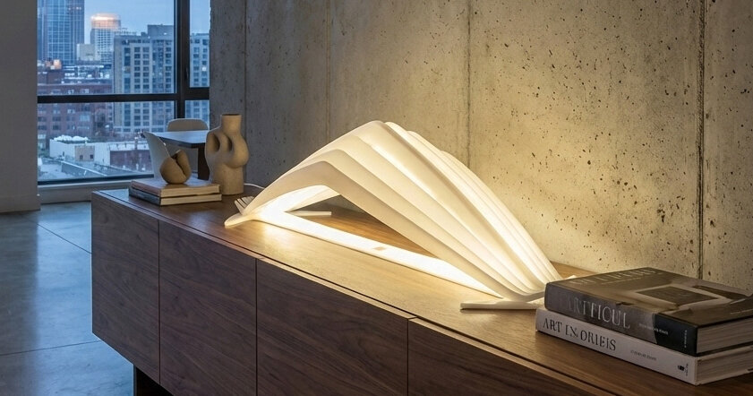 Manta design lamp by Leonardo Criolani, full view showing the intersecting circles structure.