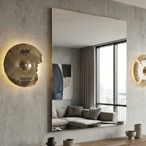 Lit MC Cymbals lamp hanging from the ceiling, creating a warm atmosphere in a modern room with light reflecting on the bronze surface.