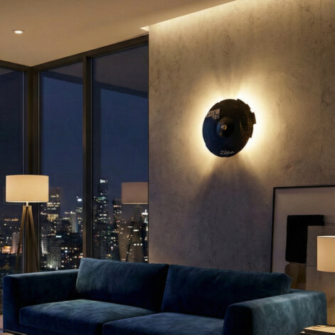 Lit MC Cymbals lamp hanging from the ceiling, creating a warm atmosphere in a modern room with light reflecting on the bronze surface