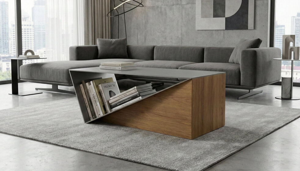 Modern Pi-Greco coffee table with white lacquered wood structure and glass top designed by Leonardo Criolani