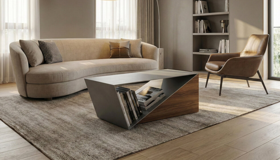 Modern Pi-Greco coffee table with white lacquered wood structure and glass top designed by Leonardo Criolani