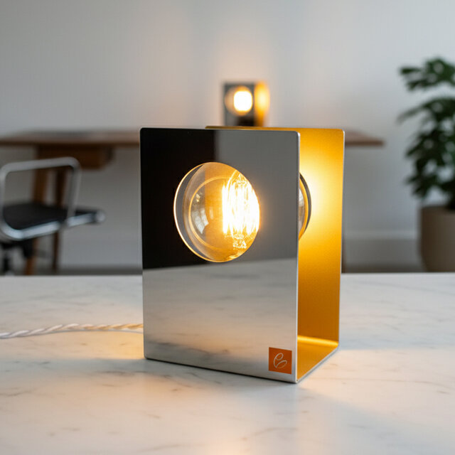 Altair star-inspired table lamp by Leonardo Criolani with mirror steel structure and gold eco-leather.