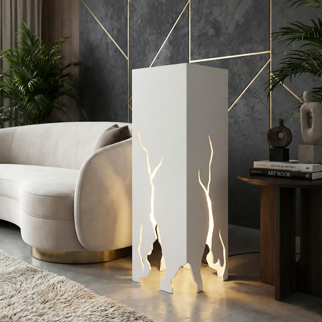 Molocko modern white wooden floor lamp with fragmented geometric design by Leonardo Criolani